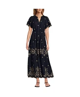 Lands' End Women's Tiered Cotton Poplin Embroidered Maxi Dress