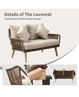 Patio Conversation Sets 4-Pieces, Handwoven Rattan Wicker Aluminum Frame Outdoor Patio Set, All-Weather Modern Rope Patio Loveseat with Coffee Table f