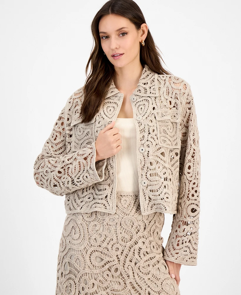 I.n.c. International Concepts Women's Collared Crochet Sweater Jacket, Exclusively at Macy's