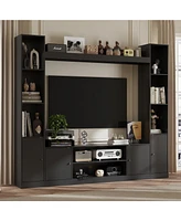 Black four-door Tv stand, media console with movable shelves, multi-purpose entertainment center