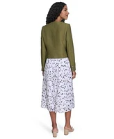 Calvin Klein Womens Tweed Collarless Button Front Jacket Crewneck Ruched Sleeve Top Printed Pleated Pull On Midi Skirt