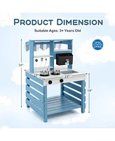 Double-Sided Wooden Play Kitchen with Stoves and Grocery Stand, Pretend Play Set