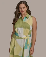 Donna Karan New York Plus Printed Tie-Waist Sleeveless Shirtdress