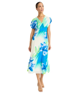 Maggy London Women's Printed Extended-Shoulder Midi Dress