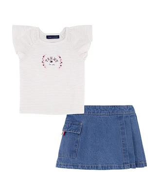 Tommy Hilfiger Toddler and Little Girls 2-Piece Printed Flutter Sleeve Top Denim Pleated Skirt