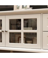 Tv stand with two doors and four drawers, media console with tempered glass and feet, wooden entertainment center