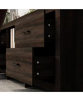 Tv stand with 4 drawers and 2 compartments, brown wood media console, multi-purpose entertainment center