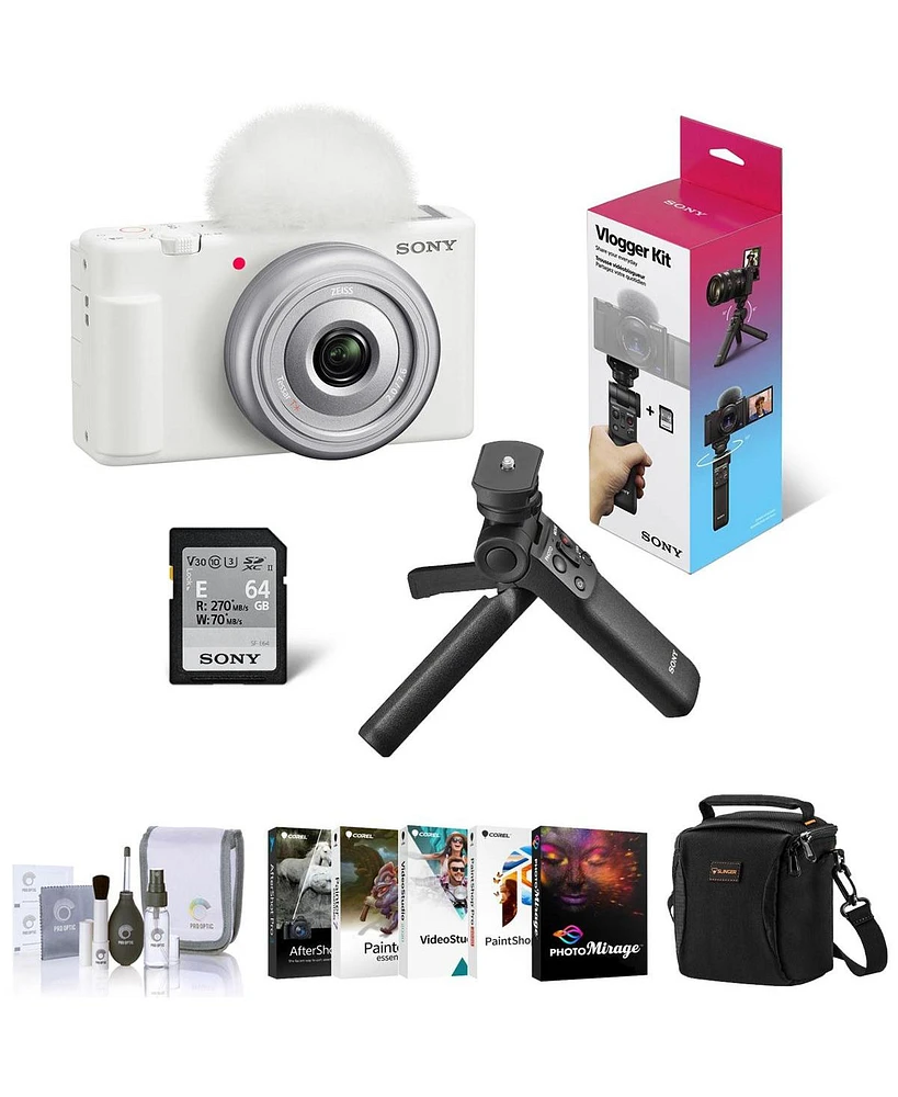 Sony Zv-1F Vlogging Camera, White Bundle with ACCVC1 Vlogger Accessory Kit, Corel Pc Software Kit, Shoulder Bag, Cleaning Kit