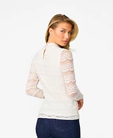 Cable & Gauge Women's Ruffle Lace Stretch Mock Neck Top