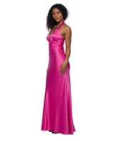 Alex & Sophia Juniors' Satin V-Neck Halter Gown