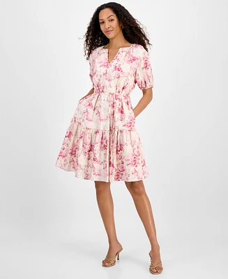 julia jordan Women's Printed Short-Bubble-Sleeve Tie-Waist Dress