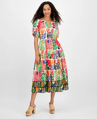 julia jordan Women's Printed V-Neck Puff-Sleeve Midi Dress