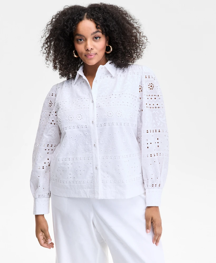 I.n.c. International Concepts Plus Cotton Eyelet-Embroidered Blouse, Exclusively at Macy's