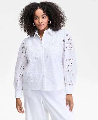 I.n.c. International Concepts Plus Cotton Eyelet-Embroidered Blouse, Exclusively at Macy's