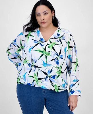 I.n.c. International Concepts Plus Printed Surplice Long-Sleeve Blouse, Exclusively at Macy's