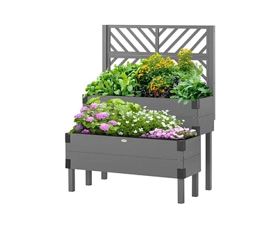 2 Tier Self Draining Wood Raised Garden Bed Planter Box with Trellis
