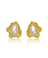 Sterling Silver 14K Gold Plated with White Freshwater Pearl Unique Wave Stud Earring