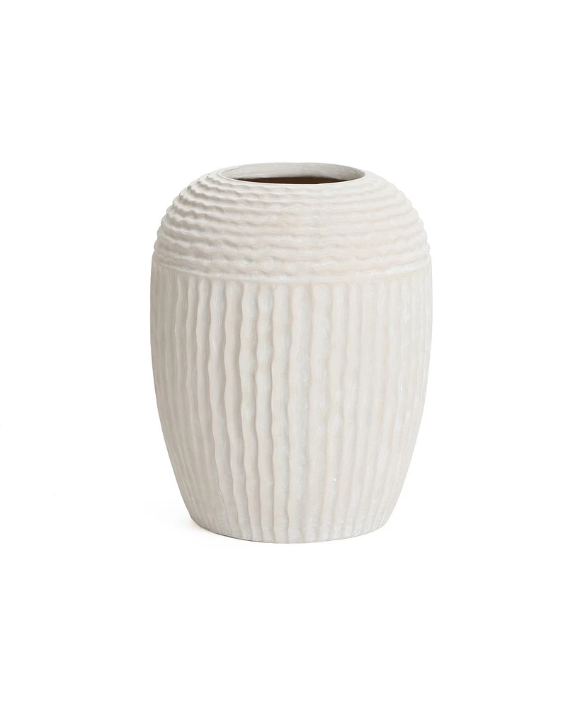 LuxenHome Beige Ribbed Round 15.2-Inch Tall MgO Vase