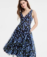 Eliza J Women's Floral-Print Mesh V-Neck Midi Dress