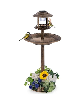 3-In-1 Pedestal Bird Bath with Solar Light with Bird Feeder & Flower Planter