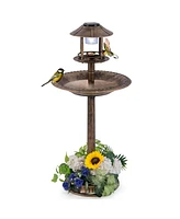 3-In-1 Pedestal Bird Bath with Solar Light with Bird Feeder & Flower Planter