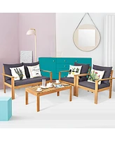 8PCS Patio Furniture Set Acacia Wood Thick Cushion Loveseat Sofa