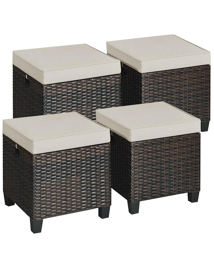 4PCS Patio Rattan Ottoman Cushioned Seat Foot Rest Coffee Table