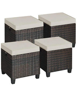 4PCS Patio Rattan Ottoman Cushioned Seat Foot Rest Coffee Table