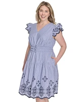 Vince Camuto Plus Flutter-Sleeve Embroidered Cotton Dress
