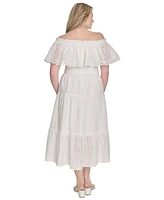 Eliza J Plus Eyelet Off-The-Shoulder Belted Midi Dress