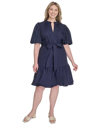 Vince Camuto Plus Cotton Puff-Sleeve Tie-Waist Dress