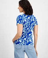 Style & Co Women's Floral-Print Short-Sleeve Cotton Henley Top, Exclusively at Macy's