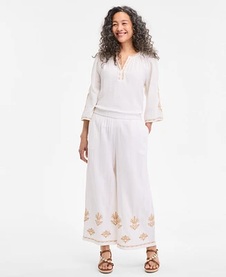 Style & Co Women's Embroidered Cotton Gauze Cropped Pants, Exclusively at Macy's