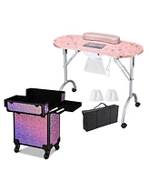 Byootique Manicure Table Nail Desk & Rolling Makeup Train Case Kit Mermaid Pink