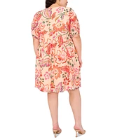 Msk Plus Printed Tie-Neck Short-Sleeve Dress