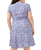 Msk Plus Printed Split-Neck Cap-Sleeve Dress