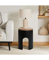 LuxenHome Black with Natural Rattan Finish Cement U-Shaped Base Outdoor Patio Side Table