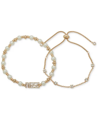 Clueless Gold-Tone 2-Pc. Set Crystal Slider & Rizz Imitation Pearl Beaded Stretch Bracelets