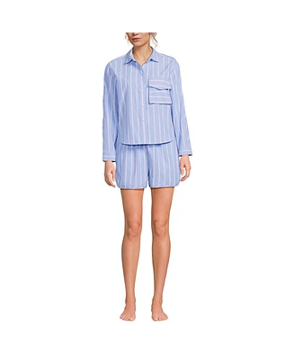Lands' End Women's Cotton Poplin 2 Piece Pajama Set - Long Sleeve Top and Shorts with Piping