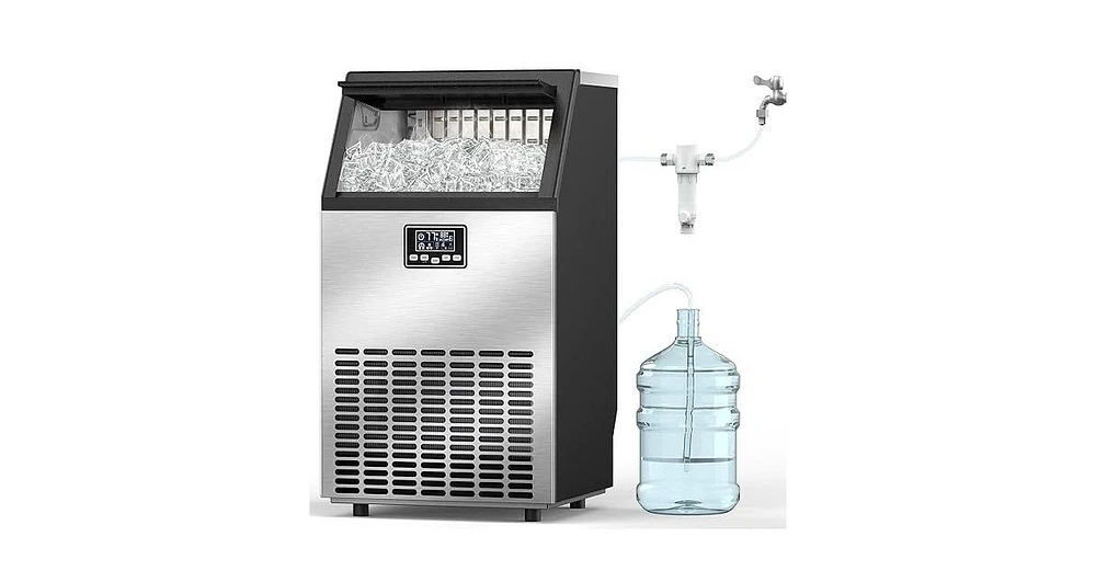 Zafro moon-shaped ice maker can produce 100 pounds of ice per day and has a storage capacity of 28 pounds. It features a two-way water filling system,