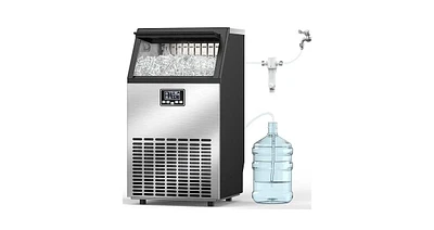 Zafro moon-shaped ice maker can produce 100 pounds of ice per day and has a storage capacity of 28 pounds. It features a two-way water filling system,