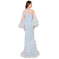 Lara Women's Cold Shoulder Mermaid Lace Gown with Feathers - Outlet
