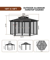 15x15Ft Outdoor Hexagon Hard Top Metal Gazebo Patio Double Roof Canopy Aluminum Frame Gazebo with Nettings