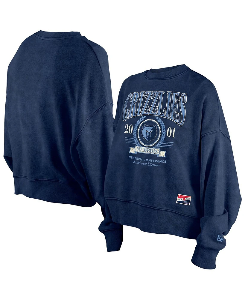New Era Women's Navy Memphis Grizzlies Hardwood Classics Enzyme Wash Oversized Boxy Pullover Sweatshirt