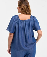 Style & Co Plus Smocked-Square-Neck Short-Sleeve Cotton Top, Exclusively at Macy's