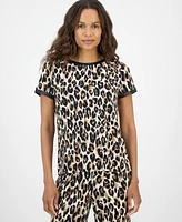 Ak Anne Klein Petite Back-Button Animal-Print Top