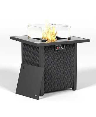 Propane Fire Pit Table, Rattan, 50000 Btu, Tempered Glass, Glass Windscreen