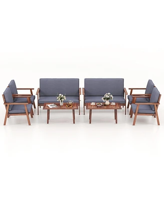 Gymax 8 Piece Patio Conversation Set Acacia Wood Sofa w/ Cushions & Coffee Table