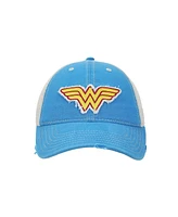 Wonder Woman Logo Women s Blue Washed Distressed Cut Fabric Unstructured Baseball Cap