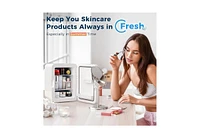 Zafro 10L mini fridge features a compact design, ideal for storing cosmetics, skincare, snacks, or drinks. It includes a dimmable Led light mirror for
